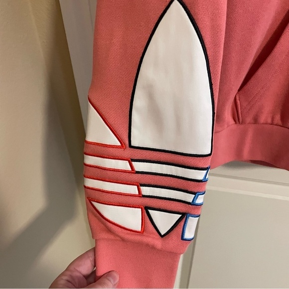 Adidas Hooded Sweatshirt Pink Embroidered Patch Long Sleeve Salmon Pink Size XS - Picture 5 of 10